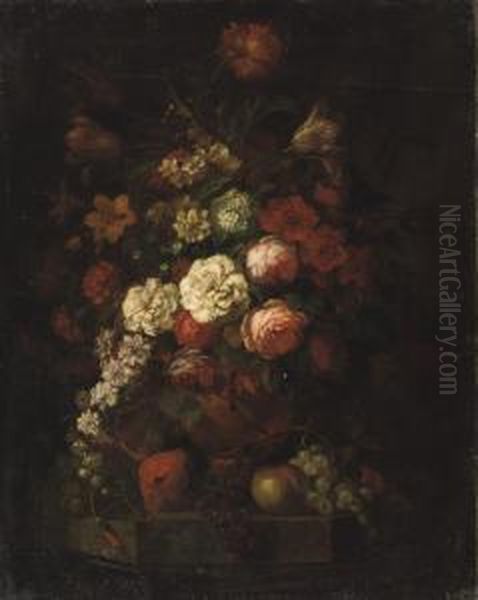Pink Roses, Tulips And Various
Other Flowers In A Vase Together With Red And Blue Grapes And Apples On A
Ledge - view 1