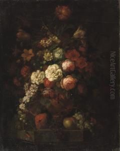 Pink Roses, Tulips And Various 
Other Flowers In A Vase Together With Red And Blue Grapes And Apples On A
 Ledge
