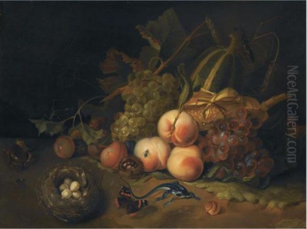 A Still Life Of Peaches, Blue
And White Grapes, Prunes And Corn,together With A Bird's Nest, A
Butterfly, A Lizard And Otherinsects - view 1