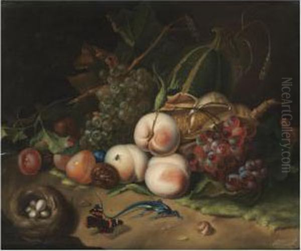 A Forest Floor Still Life With 
Horse Chestnuts, Peaches, Grapes, Abird's Nest And A Lizard - view 1