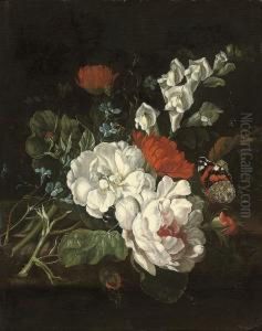Roses, Marigolds And Snap Dragons On A Ledge With A Red Admiralbutterfly