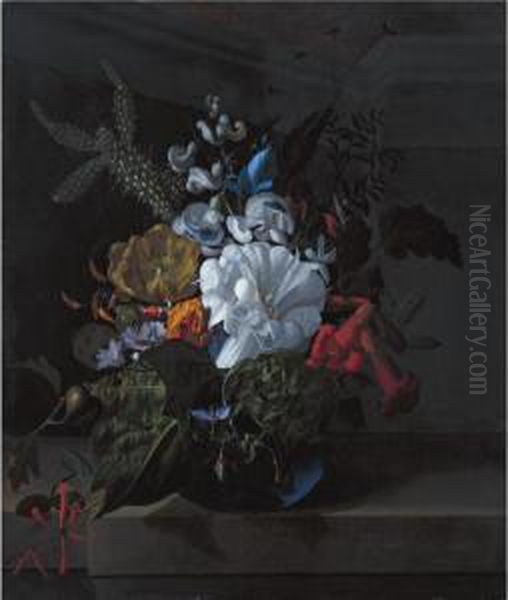 A Still Life With Devil's
Trumpet, A Cactus, A Fig Branch, Honeysuckle And Other Flowers In A Blue
Glass Vase Resting On A Ledge - view 1