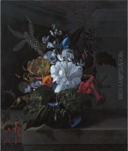 A Still Life With Devil's
Trumpet, A Cactus, A Fig Branch, Honeysuckle And Other Flowers In A Blue
Glass Vase Resting On A Ledge by Rachel Ruysch