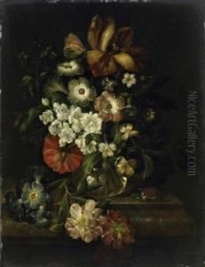 Still Life With A Bouquet Of Flowers And Insects On A Marble Top by Rachel Ruysch