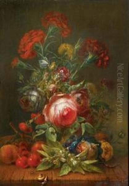 Roses, Carnations, Poppies And 
Other Flowers In A Vase, With Cherries, Grapes And Peaches On A Wooden 
Ledge - view 1