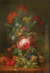Roses, Carnations, Poppies And
Other Flowers In A Vase, With Cherries, Grapes And Peaches On A Wooden
Ledge by Rachel Ruysch