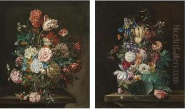 A Still Life With A Bouquet Of
Flowers In A Glass Vase, Including A Parrot Tulip, Carnations And Red
Berries; A Still Life With A Bouquet Of Flowers In A Glass Vase
Including A Blue Iris, Pink Roses And A Sprig Of Blackberries - view 1