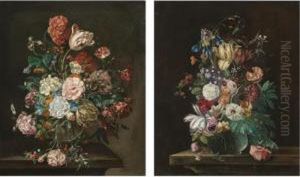 A Still Life With A Bouquet Of
Flowers In A Glass Vase, Including A Parrot Tulip, Carnations And Red
Berries; A Still Life With A Bouquet Of Flowers In A Glass Vase
Including A Blue Iris, Pink Roses And A Sprig Of Blackberries by Rachel Ruysch