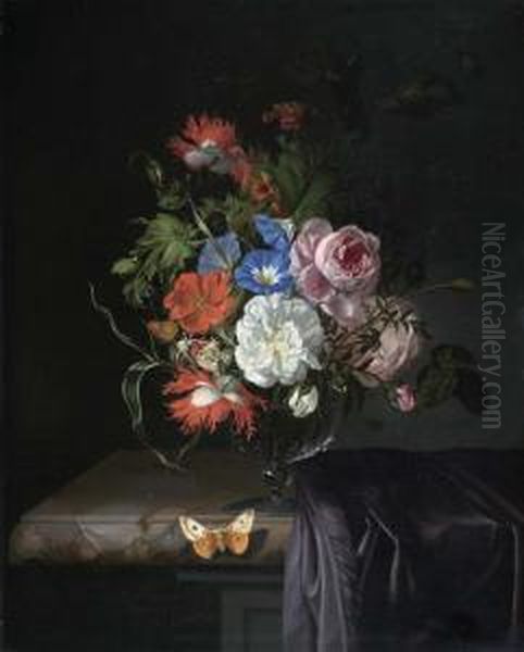 Rosen, Klatschmohn, Eine 
Goldblume Und Verschiedene Blatter Mit Schmetterlingen Und Einer Libelle
 In Einer Glasvase Auf Einer Gedeckten Marmorplatte. 1686. - view 1