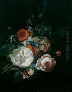 Blumenstilleben. Vor Dunklem
Hintergrund Auf Einer Steinplatte Rosen Und Gerbera. Auf Den Blattern
Zwei Schmetterlinge Und Eine Biene. by Rachel Ruysch