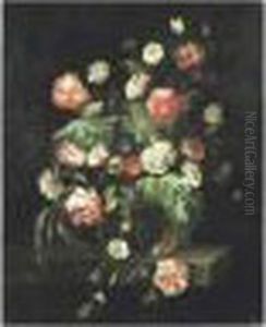 Bouquet De Fleurs Dans Un Vase En Verre Sur Un Entablement by Rachel Ruysch