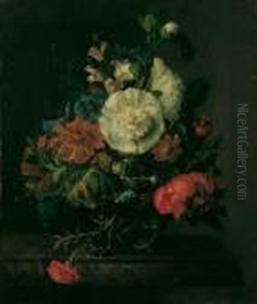Blumenstilleben. Auf Einer
Marmorierten Tischplatte Eine Glasvase Mit Einem Bunten
Blumenarrangement. - view 1