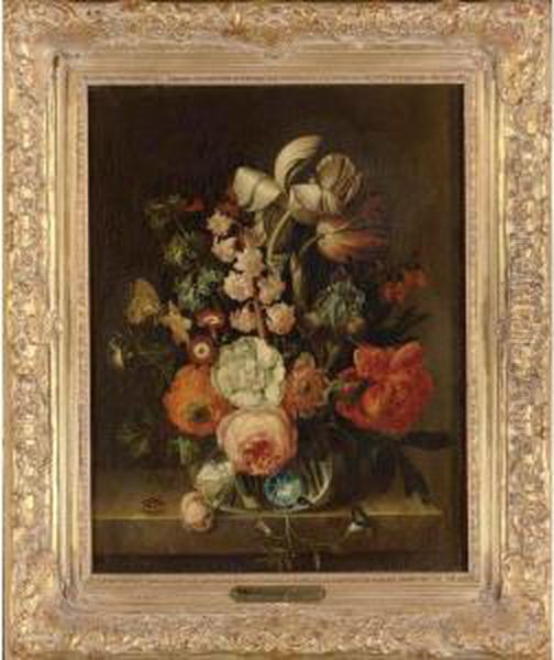 Still Life Of Flowers In A Glass Vase Resting On A Ledge - view 1