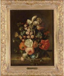 Still Life Of Flowers In A Glass Vase Resting On A Ledge by Rachel Ruysch