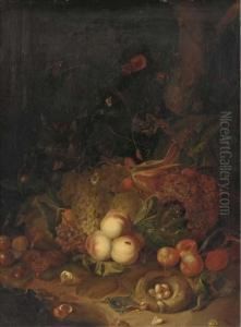 Apples, Pears, Grapes, Corn,
Pomegranates, A Birds Nest With Eggswith Butterflies, A Lizard And Other
Insects In A Woodedclearing by Rachel Ruysch