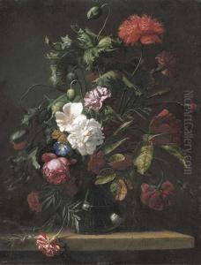 Roses, Carnations, Morning Glory And Other Flowers In A Glass Vase On A Stone Ledge by Rachel Ruysch