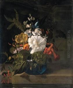 A White Gentian, A Cactus, A Tulip And Exotic Flowers In A Glassvase On A Ledge by Rachel Ruysch