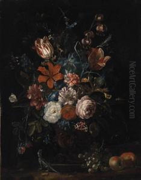 Roses, Tulips, Lillies,
Carnations, Convolvulus And Other Flowersin An Ornamental Vase With
Apples, Grapes, And A Lizard On Aledge - view 1