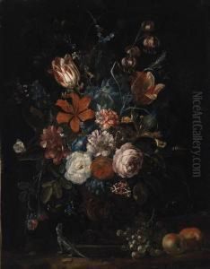 Roses, Tulips, Lillies, 
Carnations, Convolvulus And Other Flowersin An Ornamental Vase With 
Apples, Grapes, And A Lizard On Aledge by Rachel Ruysch
