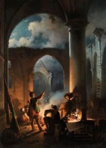 Landsknechte In Einer Ruine Beinachtlichem Feuer