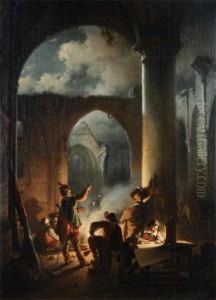 Infantry Near The Campfire Under The Ruins Of A Cathedral