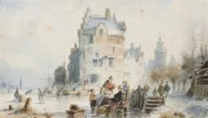 Une Famille Autour D'une Table Dans Une Rue Enneigee, Deshabitations A L'arriere-plan by Jan Michael Ruyten