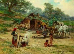 Gypsy Family Around A Campfire