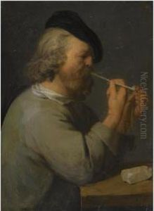 Study Of A Man Seated At A Table, Bearing A Black Beret And Lighting A Pipe