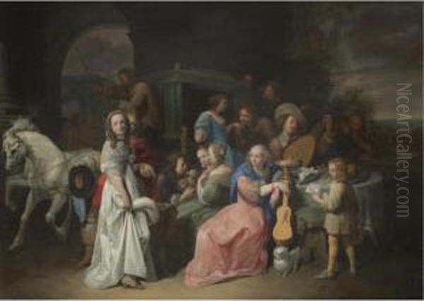 An Outdoor Scene With An Elegant
Company Attending And Playing Music, A Carriage Arriving In The
Background - view 1