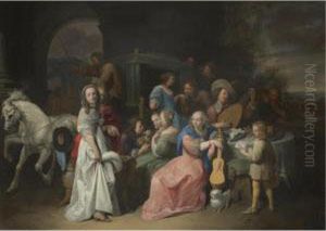 An Outdoor Scene With An Elegant
Company Attending And Playing Music, A Carriage Arriving In The
Background by David The Younger Ryckaert