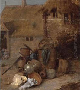 A Farm Yard With A Still Life 
With Barrels, A Copper Jug And Bucket, A Basket, A Watering-can And 
Earthenware Pots And Bowls, Peasants In A Farm Beyond