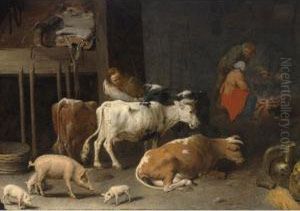 A Barn Interior With A Peasant
Feeding Cows And Pigs, With Three Peasants Near A Fire Place To The
Background by David The Younger Ryckaert