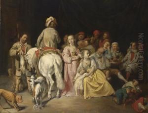 An Interior With Elegant Figures And Peasants Making 

 Merry And Drinking Together With Children Brawling And 

 A Horseman And A Sportsman With Their Dogs