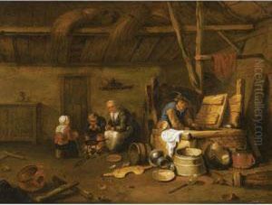 A Barn Interior With A Man At A Well And A Mother And Children Cooking Around A Fire