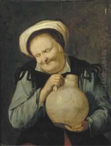 An Old Woman Holding A Stoneware Vessel by David The Younger Ryckaert