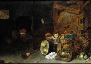 A Barn Interior With A Still 
Life Of Kitchen Utensils And An Owl, Two Men Beside A Fire Beyond by David The Younger Ryckaert