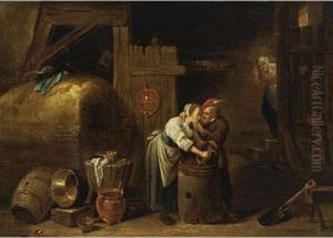 A Barn Interior With A Man 
Courting A Maid, And A Peasant Woman Peeking Around A Corner In The 
Background