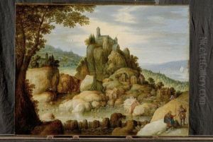 Paysage Rocheux Pres D'un Fleuve Avec Des Pelerins Se Reposant Surle Chemin