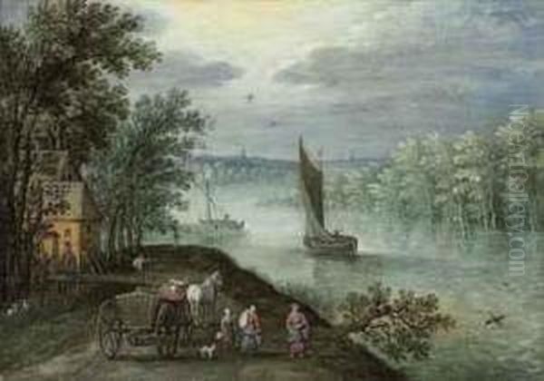 A Wooded, River Landscape With A
Sailing Boat, Figures With A Horseand Cart On A Track In The Foreground - view 1