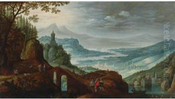 Extensive River Landscape With Christ On The Road To Emmaus by Marten Ryckaert