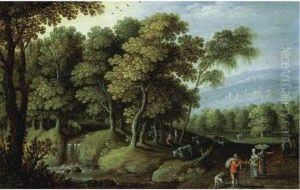 A Clearing In A Forest With 
Cattle Watering At A Pool And Peasants On A Road In The Foreground