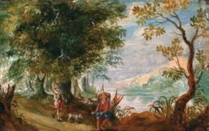 Paesaggio Boschivo Con Bacino D""""acqua E Figure