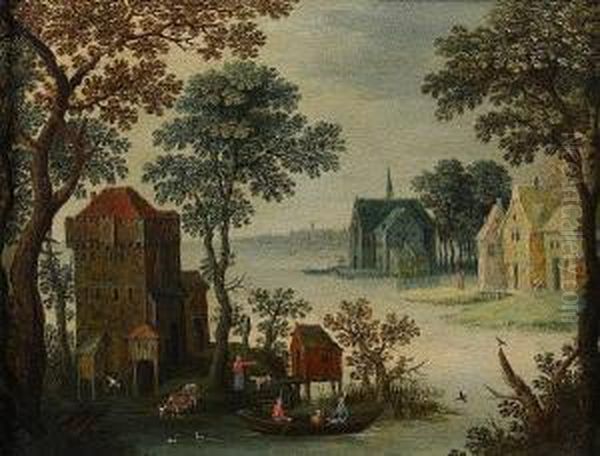 A Riverside Village With Figures In Abarge - view 1