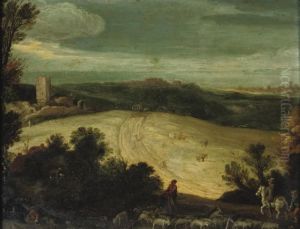 A Hilly Landscape With Travellers And A Herdsman On A Track