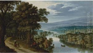 A Panoramic Mountainous River 
Landscape With Figures On A Path, A Village And Fishermen Beyond