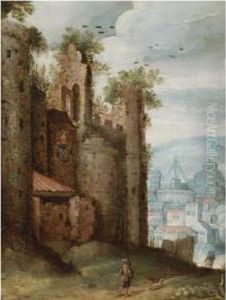 A Landscape With A Ruined Castle
 In The Foreground, Charged With The Papal Coat-of-arms, And A View Of A
 Town Beyond