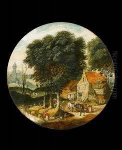 A Riverside Village With Travellers On A Country Path