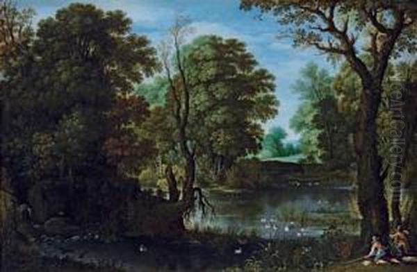 A Wooded Landscape With Hunters Shooting Duck by Marten Ryckaert