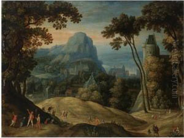 An Extensive Hilly Landscape With A Town In A Valley And A Castle In The Midground. - view 1