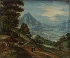 An Extensive Landscape With A 
Wood, Distant Mountains, A Town On A River Valley, Travellers, Herdsmen,
 And Ploughmen